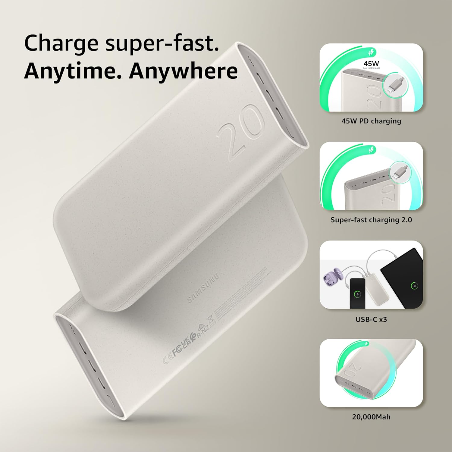 Samsung Galaxy 20000mAh Power Bank, Wired Battery Pack, Gray - Image 2