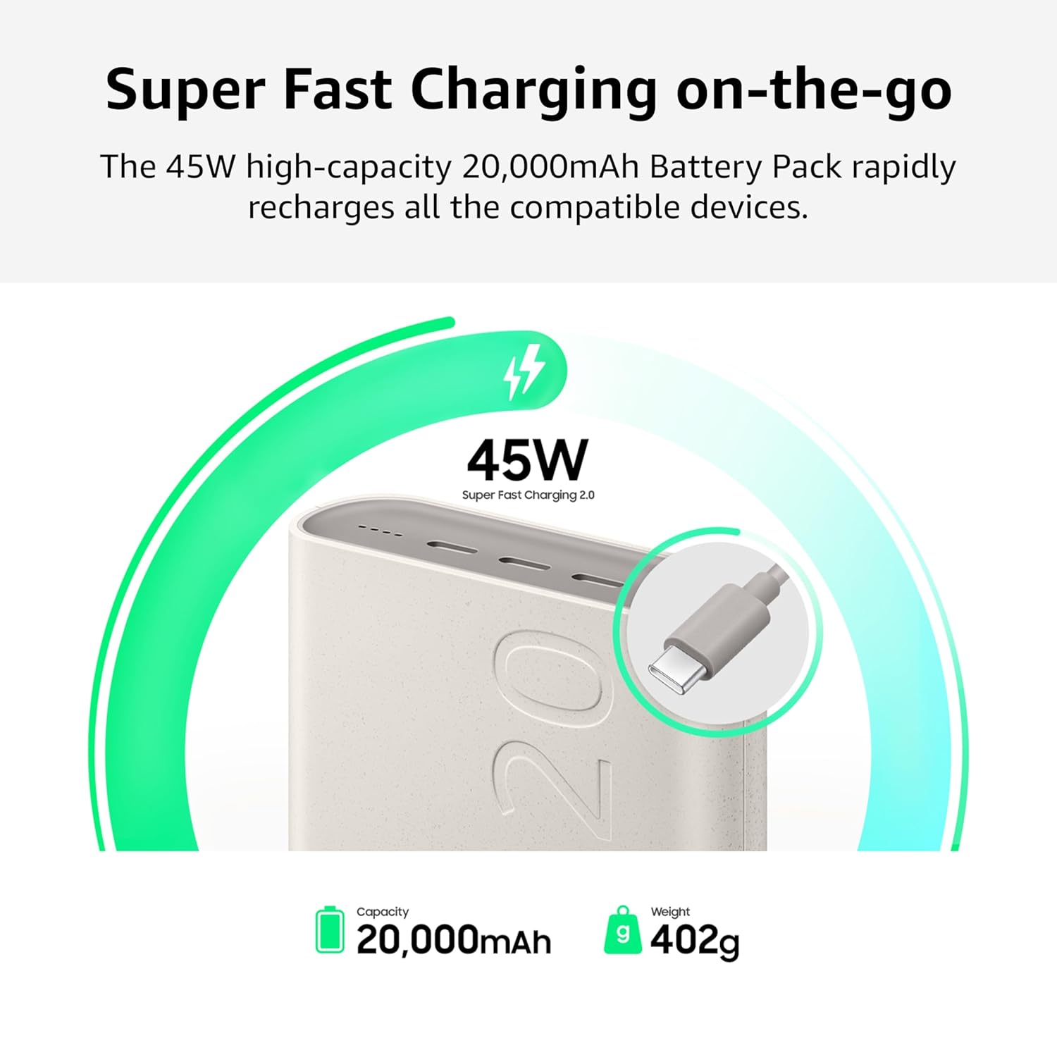 Samsung Galaxy 20000mAh Power Bank, Wired Battery Pack, Gray - Image 3